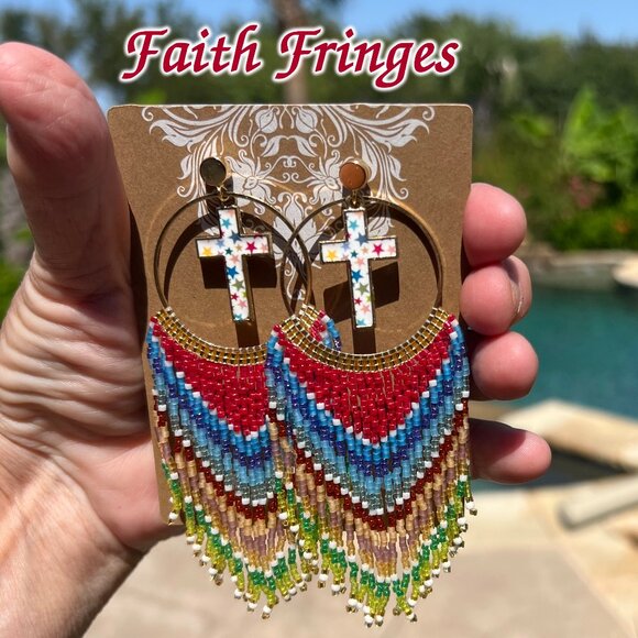 Handmade Beaded Long Faith Fringe Cross Dangle Drop Lightweight Post Earrings - Picture 1 of 11